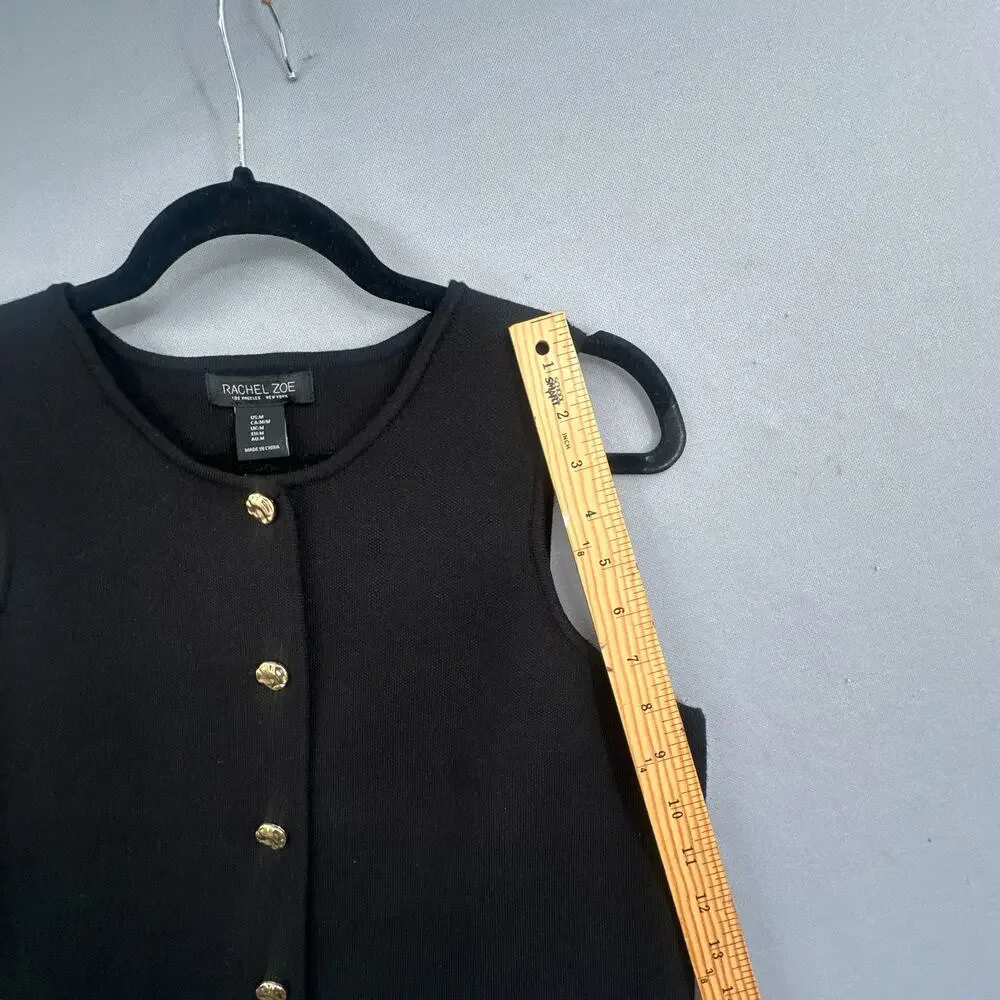 Rachel Zoe Minimalist Knit Vest M Black Gold Button Sleeveless Preppy Old Money